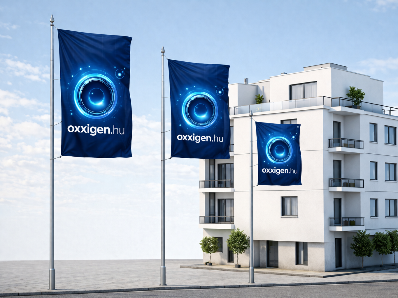 Zászlók épület előtt